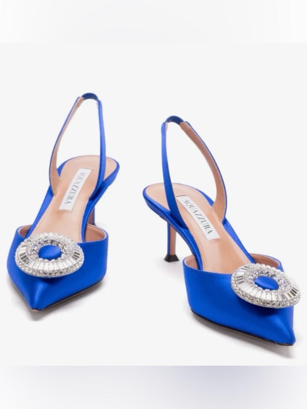 Aquazzura Crystal Hoop 50 mm Heel Satin Slingback Pumps In Royal Blue New 8.5
